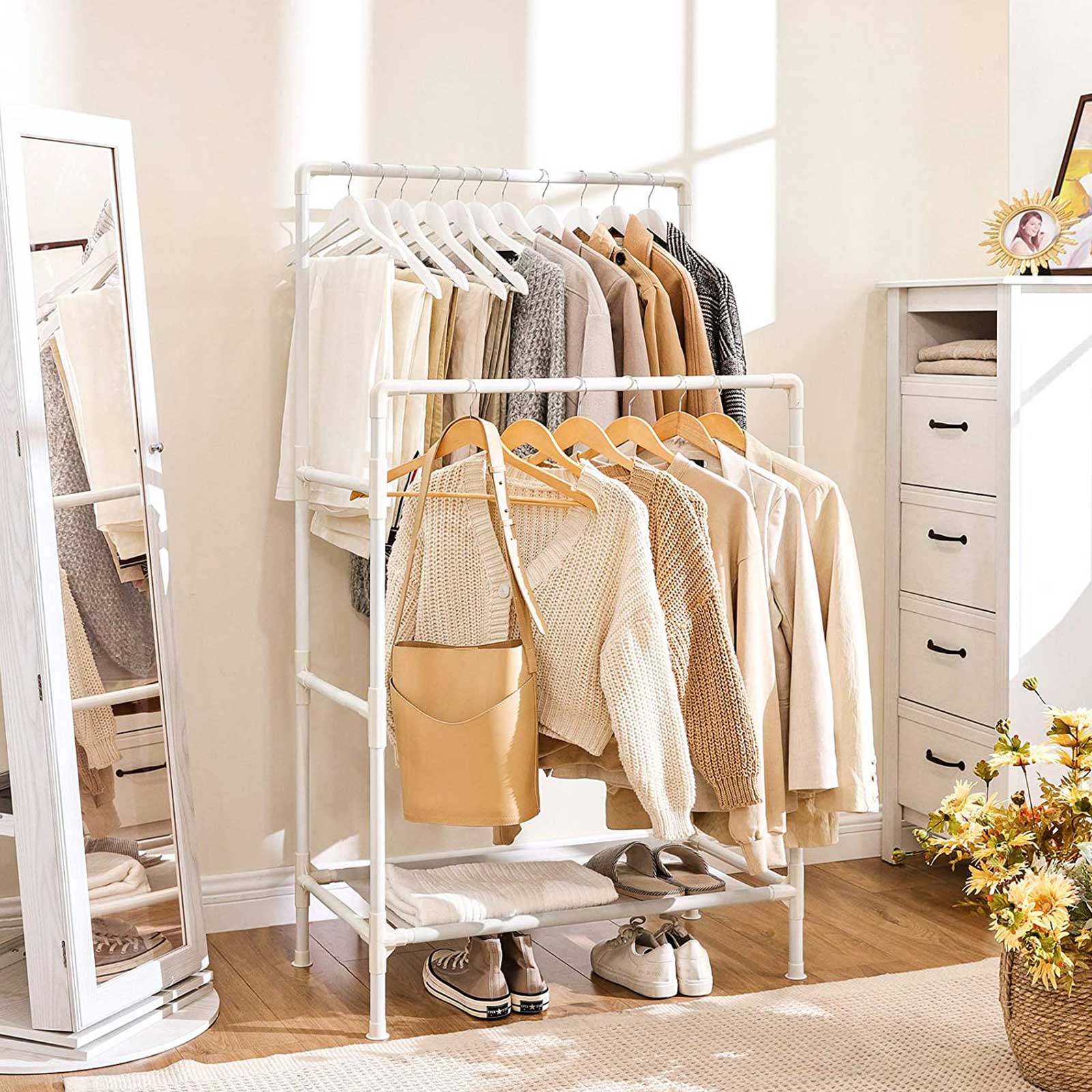 Double Rails Clothes Rack – Metal – White – Max Load 55 kg with Storage Shelf