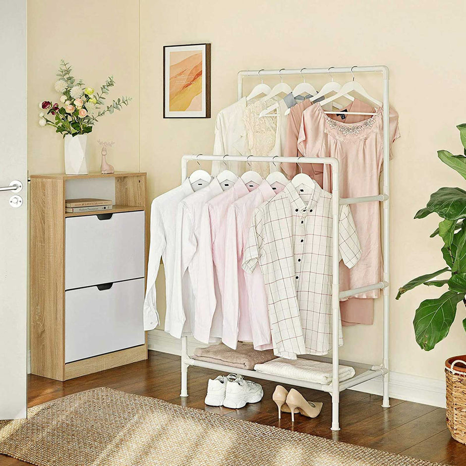 Double Rails Clothes Rack – Metal – White – Max Load 55 kg with Storage Shelf