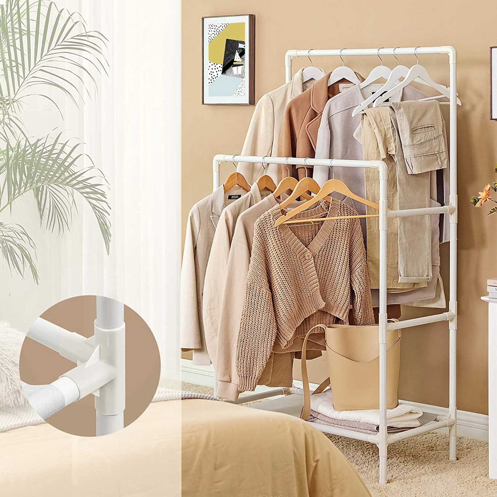 Double Rails Clothes Rack – Metal – White – Max Load 55 kg with Storage Shelf