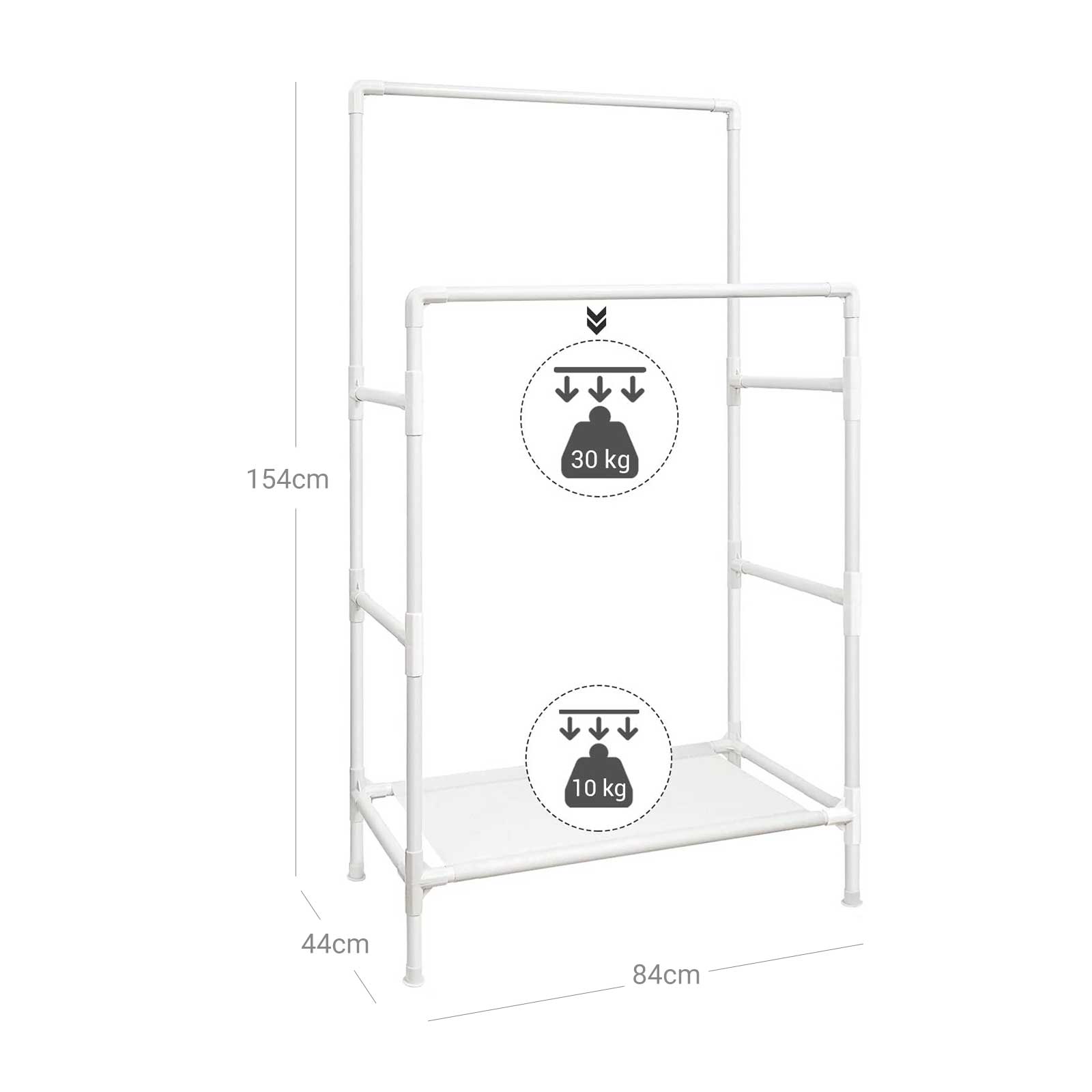 Double Rails Clothes Rack – Metal – White – Max Load 55 kg with Storage Shelf