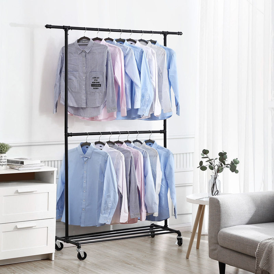 Double Rod Garment Rack – Metal – Black – Heavy Duty with Wheels, 110 Kg Capacity