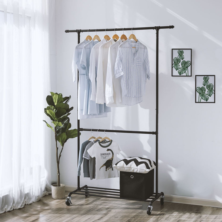 Double Rod Garment Rack – Metal – Black – Heavy Duty with Wheels, 110 Kg Capacity