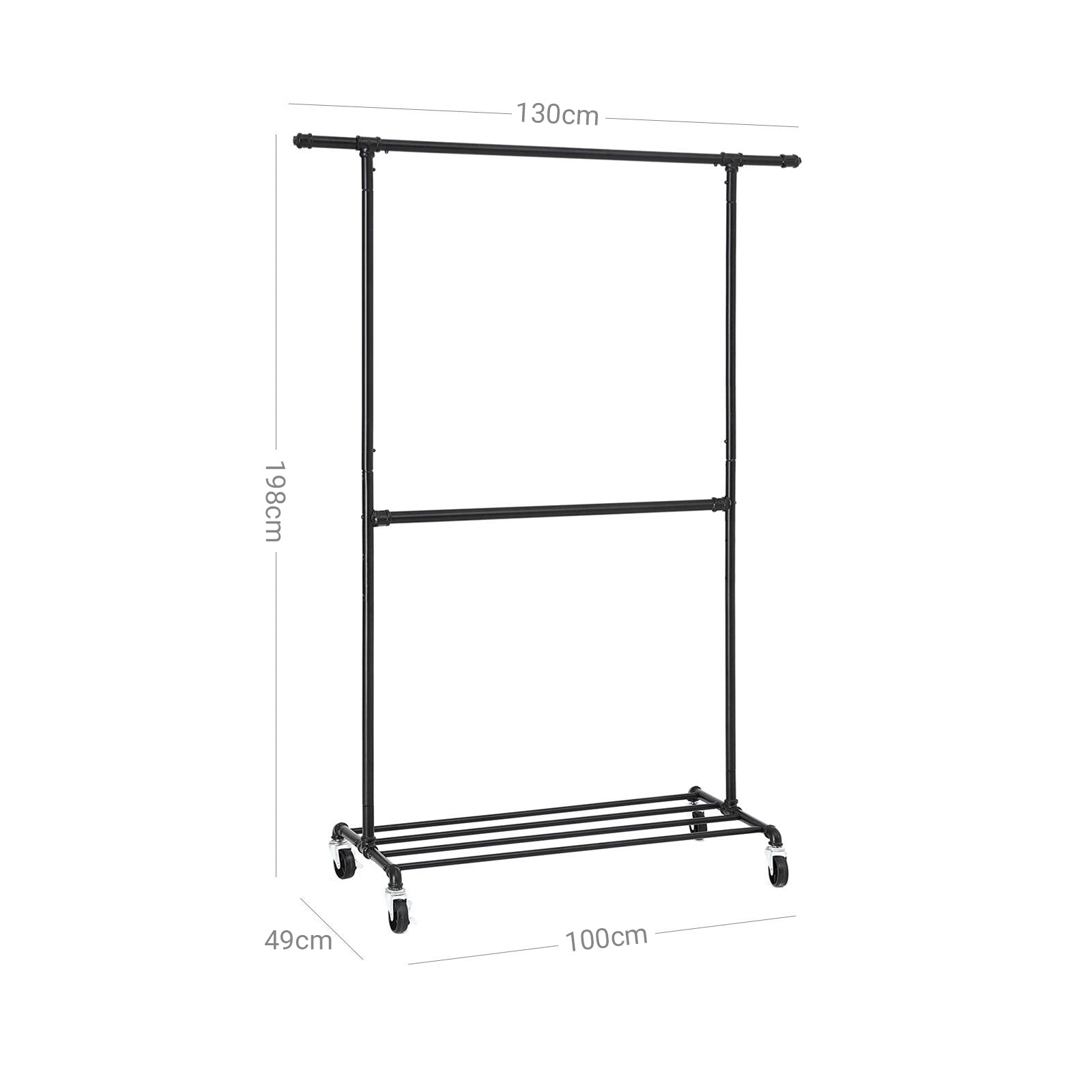Double Rod Garment Rack – Metal – Black – Heavy Duty with Wheels, 110 Kg Capacity