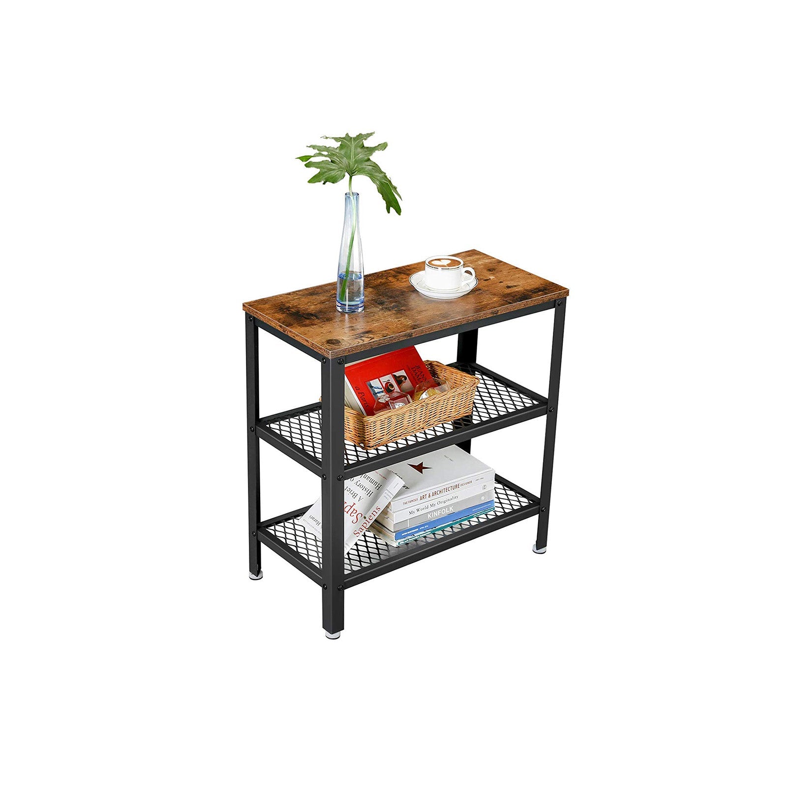 Side Table – Metal and Wood – Rustic Brown – Double Mesh Shelves, Space Saving Design