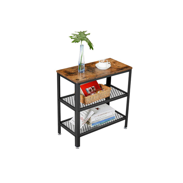 Side Table – Metal and Wood – Rustic Brown – Double Mesh Shelves, Space Saving Design