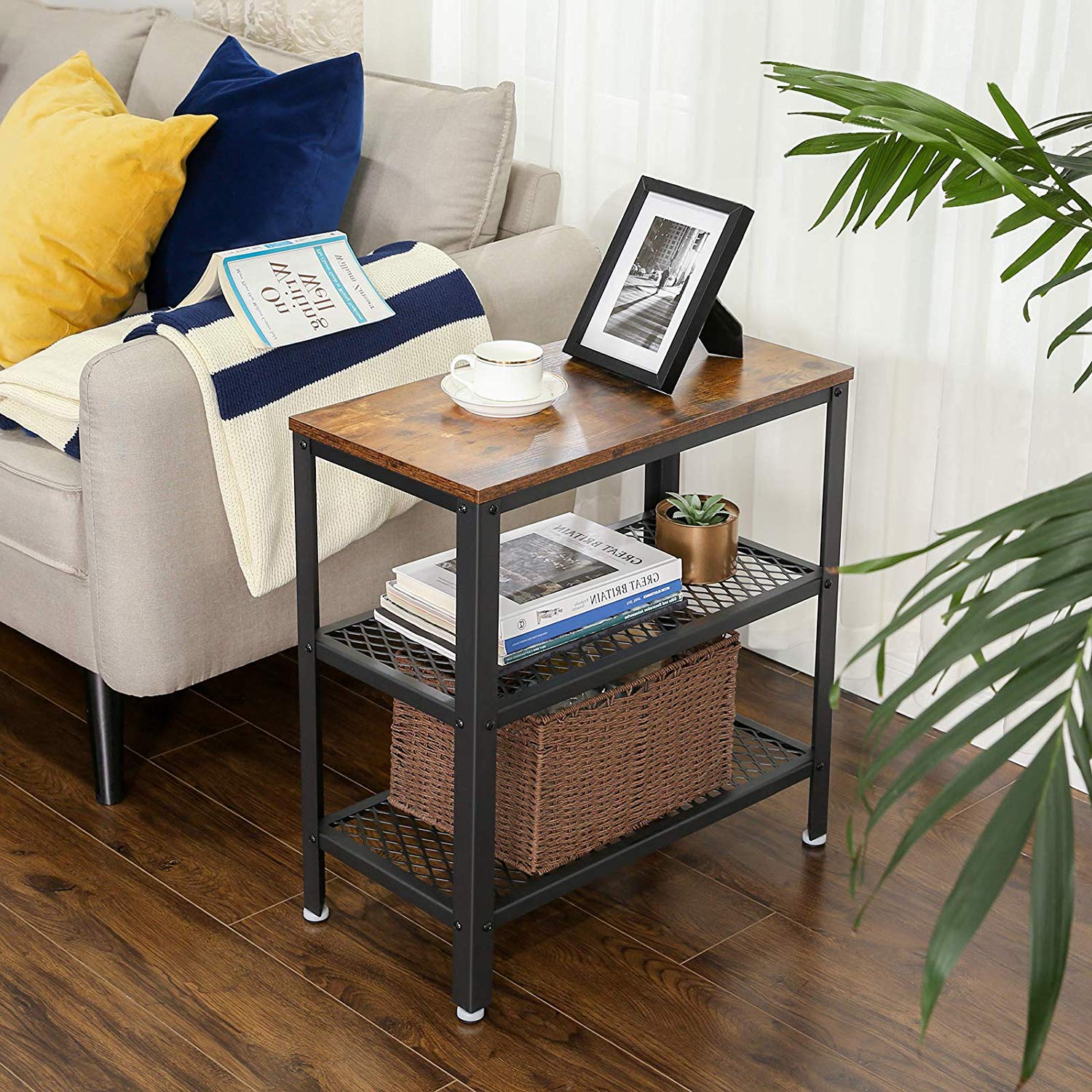 Side Table – Metal and Wood – Rustic Brown – Double Mesh Shelves, Space Saving Design