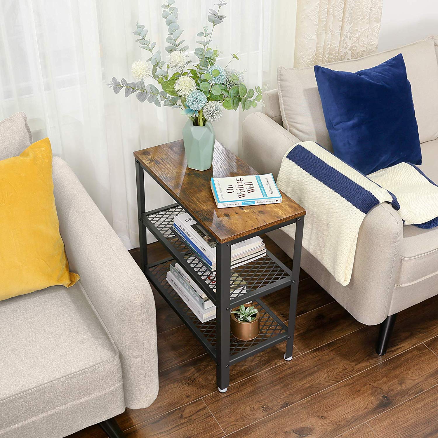 Side Table – Metal and Wood – Rustic Brown – Double Mesh Shelves, Space Saving Design