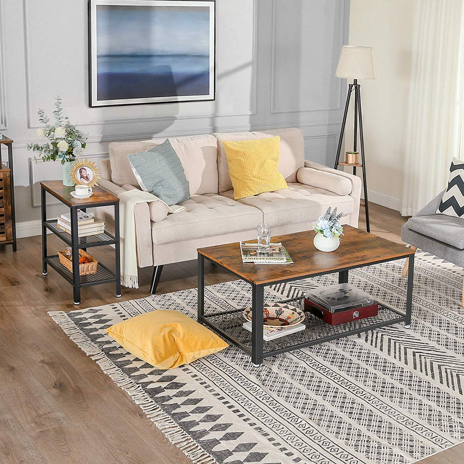 Side Table – Metal and Wood – Rustic Brown – Double Mesh Shelves, Space Saving Design