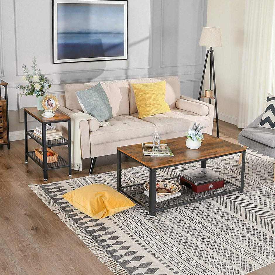 Side Table – Metal and Wood – Rustic Brown – Double Mesh Shelves, Space Saving Design