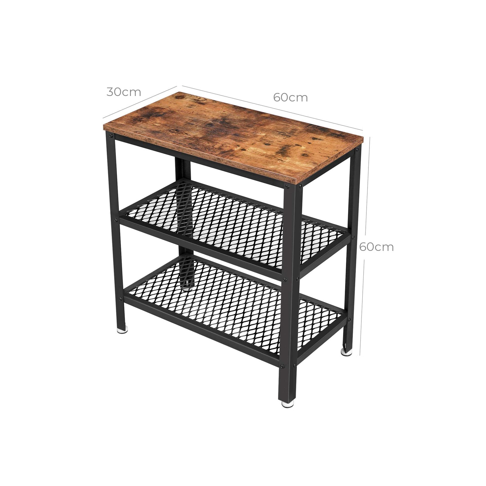 Side Table – Metal and Wood – Rustic Brown – Double Mesh Shelves, Space Saving Design