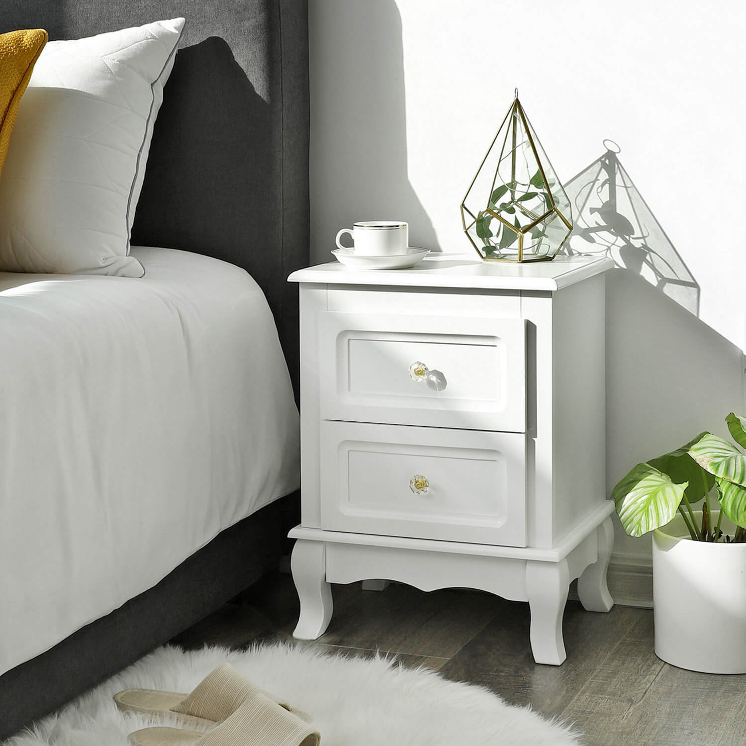 Bedside Table – Wooden – White – Spacious with 2 Drawers and Solid Pine Wood Legs
