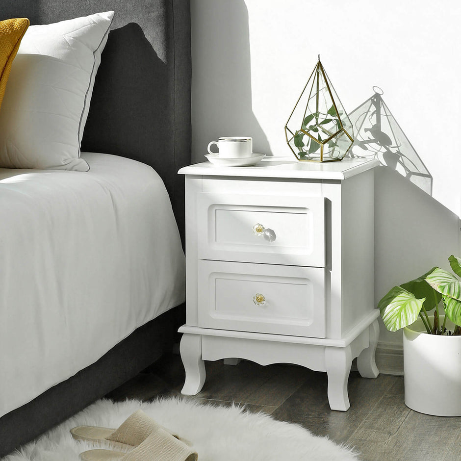 Bedside Table – Wooden – White – Spacious with 2 Drawers and Solid Pine Wood Legs