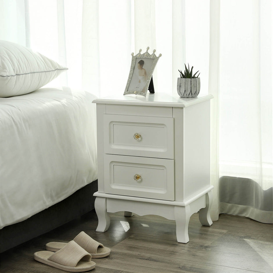 Bedside Table – Wooden – White – Spacious with 2 Drawers and Solid Pine Wood Legs