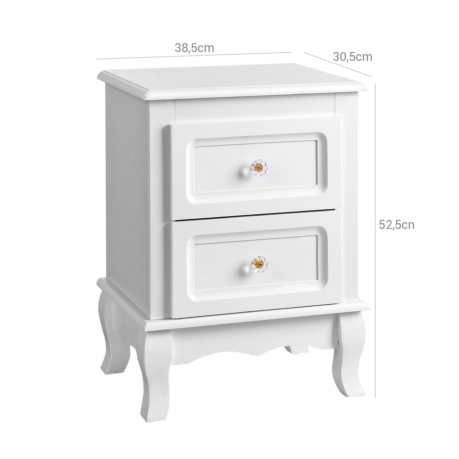Bedside Table – Wooden – White – Spacious with 2 Drawers and Solid Pine Wood Legs