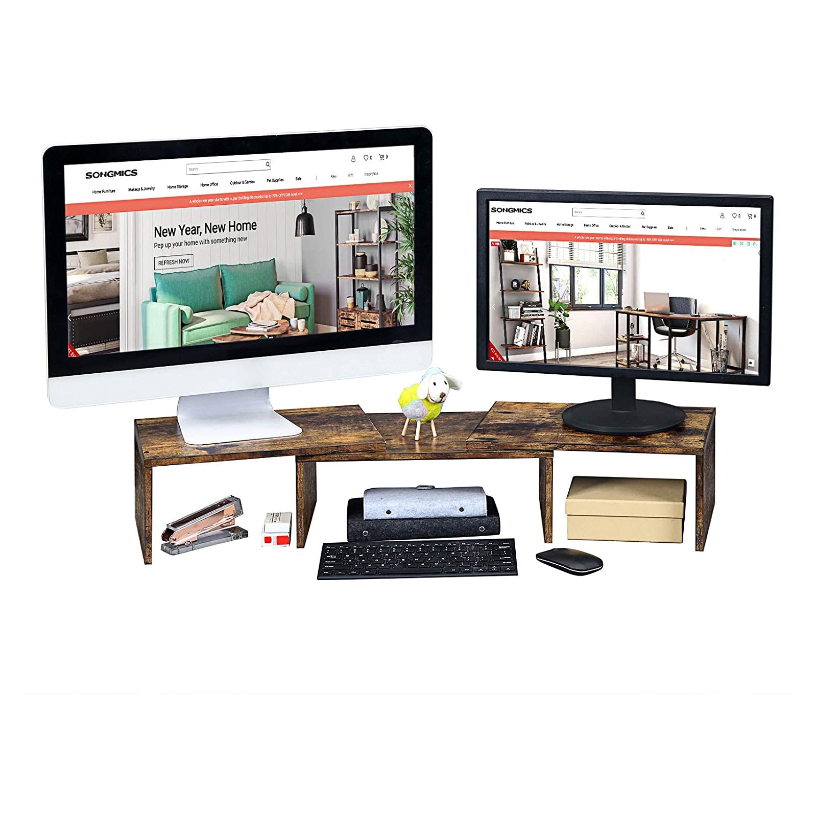 Dual Monitor Riser – Wood – Rustic Brown – Adjustable with 3 Shelves