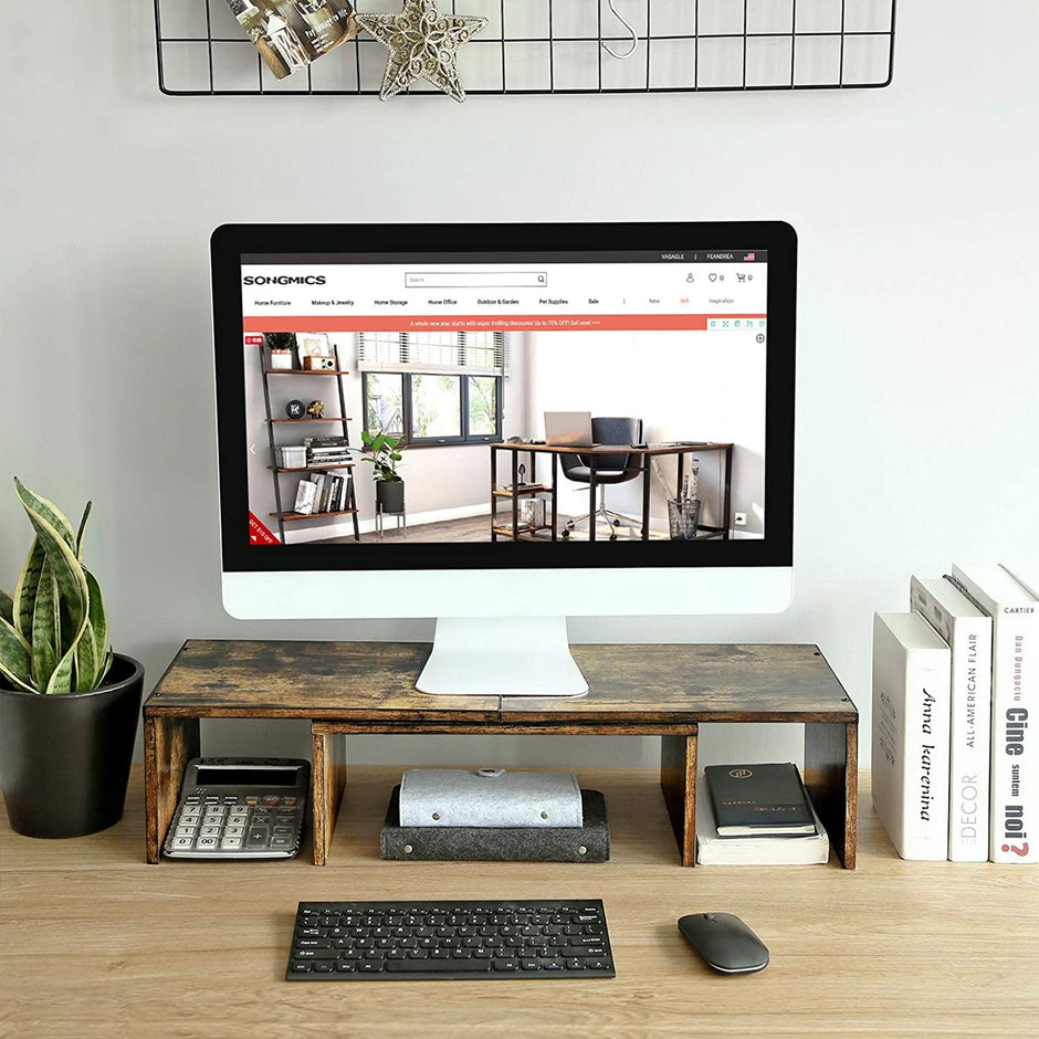 Dual Monitor Riser – Wood – Rustic Brown – Adjustable with 3 Shelves