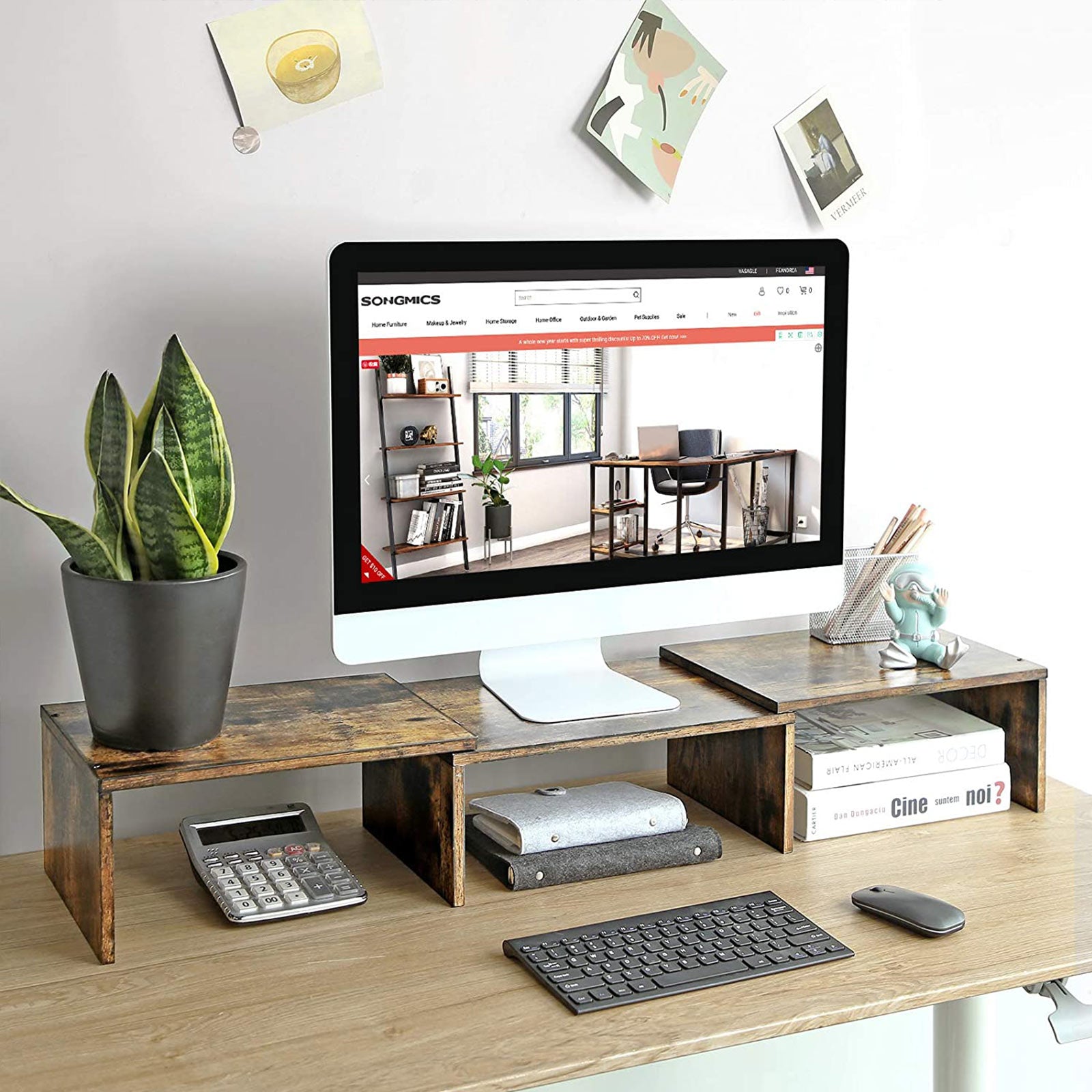 Dual Monitor Riser – Wood – Rustic Brown – Adjustable with 3 Shelves
