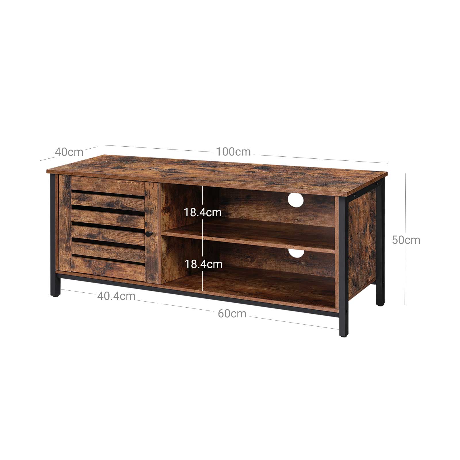 TV Cabinet – Wood and Metal – Rustic Brown and Black – Louvred Door with 2 Shelves