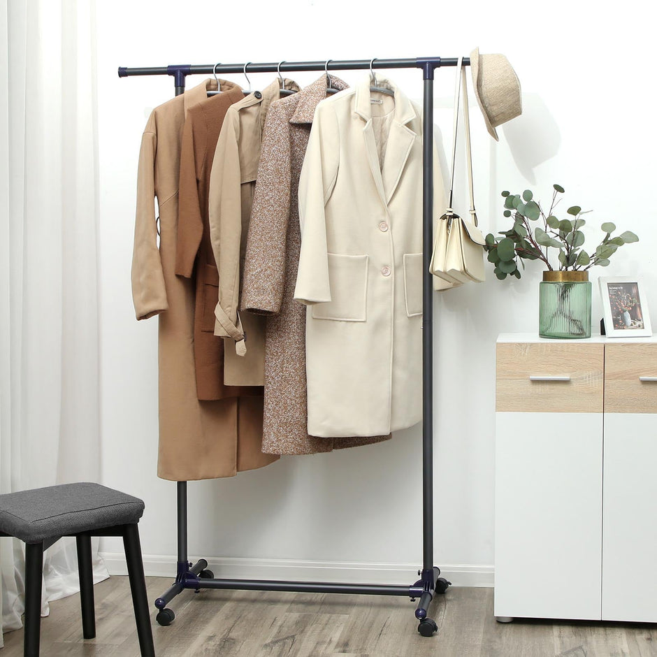 Extendable Garment Rack – Metal – Matte Black and Blue – Rolling Design with Thickened Hanging Rail, 60 kg Load Capacity