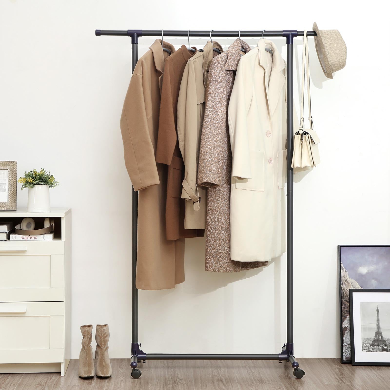 Extendable Garment Rack – Metal – Matte Black and Blue – Rolling Design with Thickened Hanging Rail, 60 kg Load Capacity