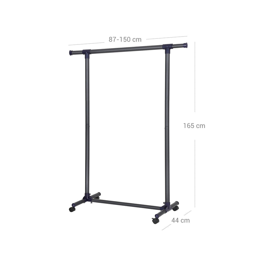 Extendable Garment Rack – Metal – Matte Black and Blue – Rolling Design with Thickened Hanging Rail, 60 kg Load Capacity