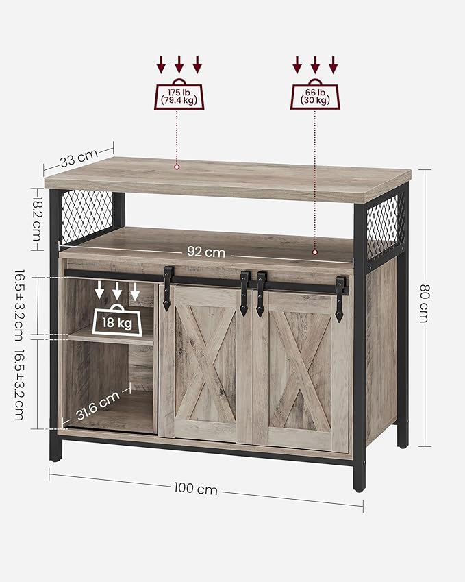 Kitchen Cabinet – Wood – Rustic Brown and Black – 2 Sliding Barn Doors, Adjustable Shelf