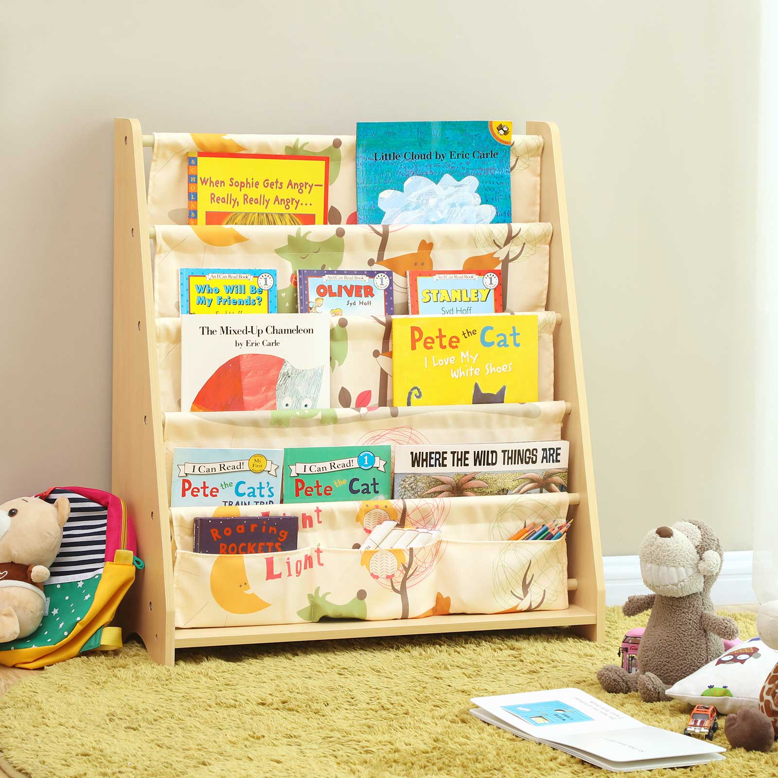 Children's Bookcase – Fabric – Multi-Color – 4-Tier Sling Design for Nursery and Kindergarten
