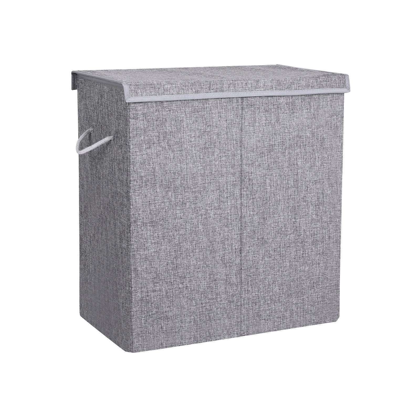 Double Laundry Hamper – Linenette Fabric – Grey – Divided Design with Magnetic Lid and Removable Liner
