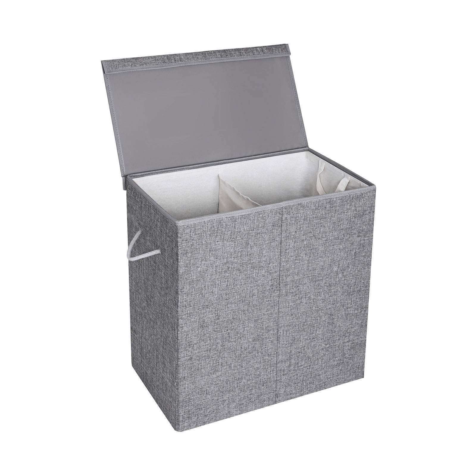 Double Laundry Hamper – Linenette Fabric – Grey – Divided Design with Magnetic Lid and Removable Liner