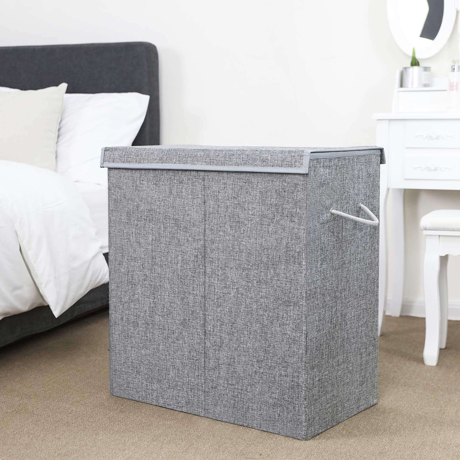 Double Laundry Hamper – Linenette Fabric – Grey – Divided Design with Magnetic Lid and Removable Liner