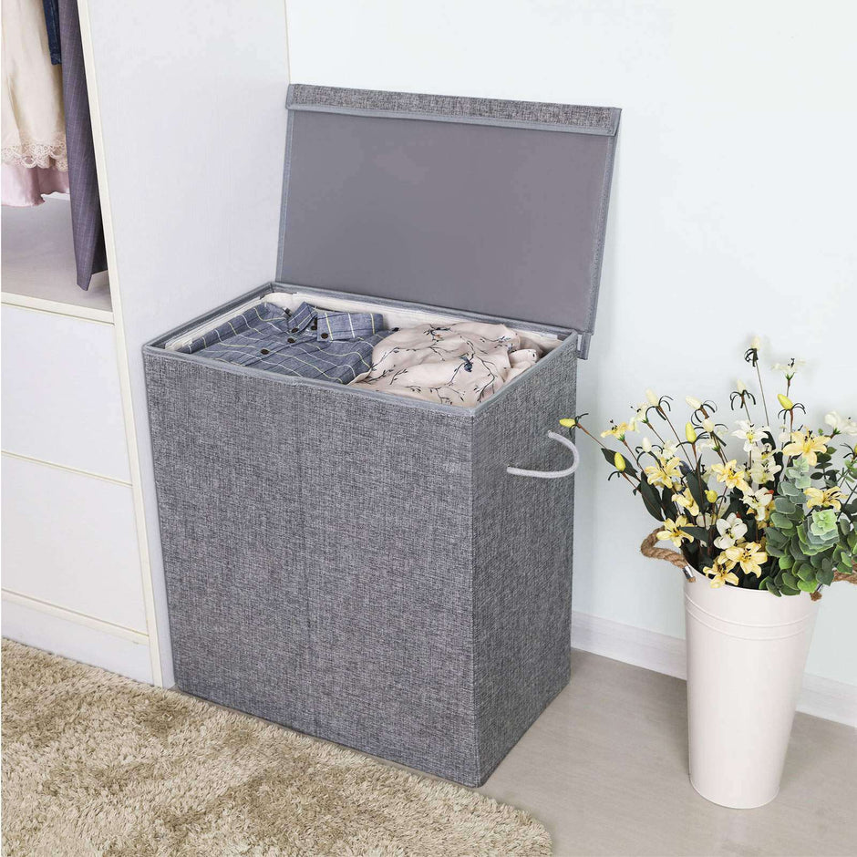 Double Laundry Hamper – Linenette Fabric – Grey – Divided Design with Magnetic Lid and Removable Liner
