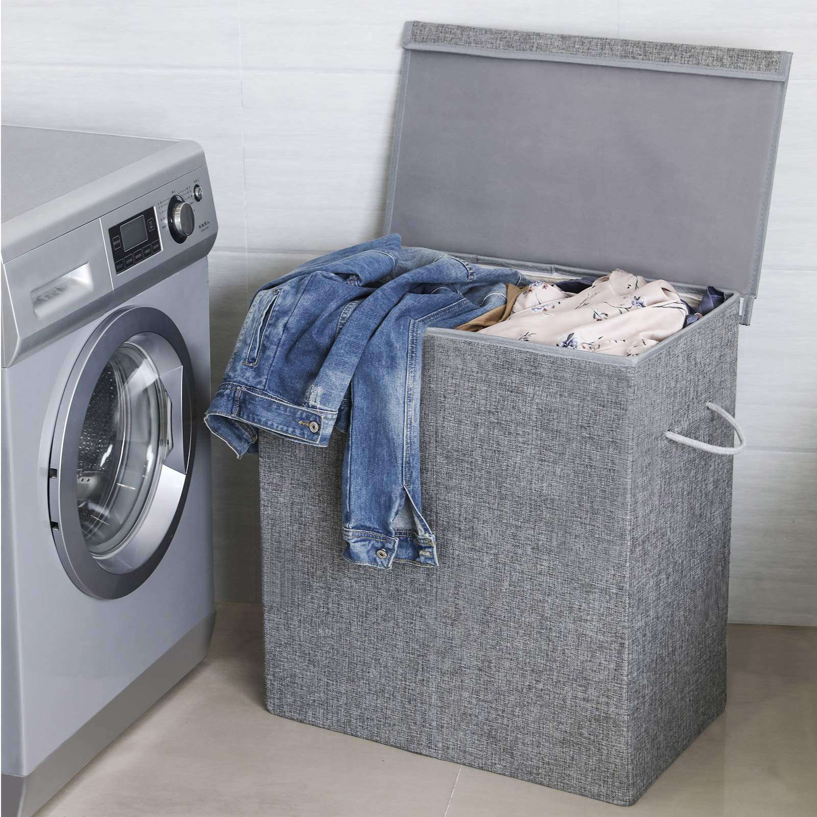Double Laundry Hamper – Linenette Fabric – Grey – Divided Design with Magnetic Lid and Removable Liner