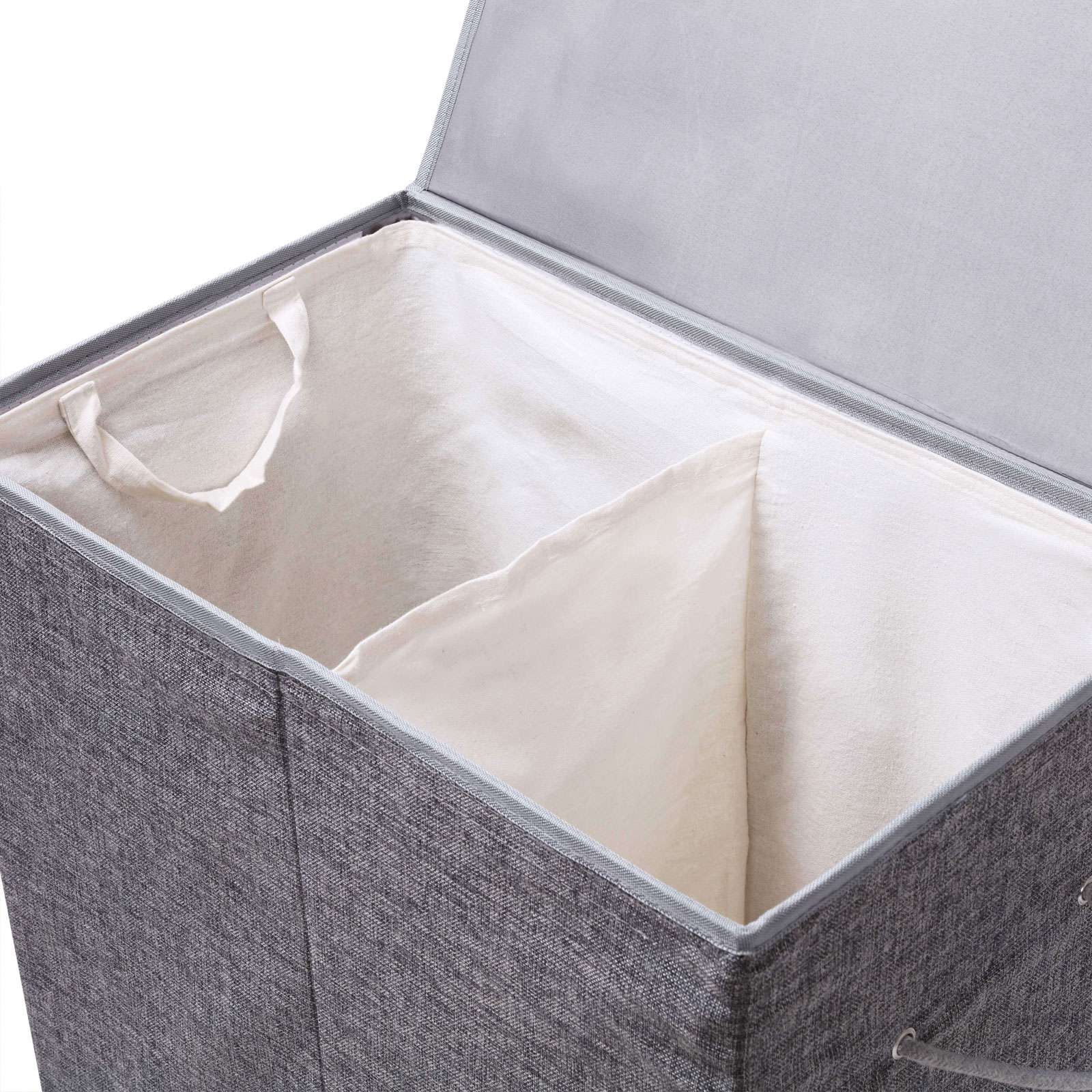 Double Laundry Hamper – Linenette Fabric – Grey – Divided Design with Magnetic Lid and Removable Liner
