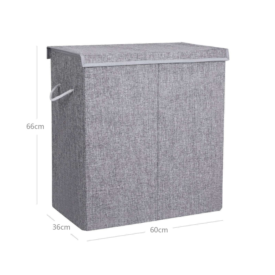 Double Laundry Hamper – Linenette Fabric – Grey – Divided Design with Magnetic Lid and Removable Liner