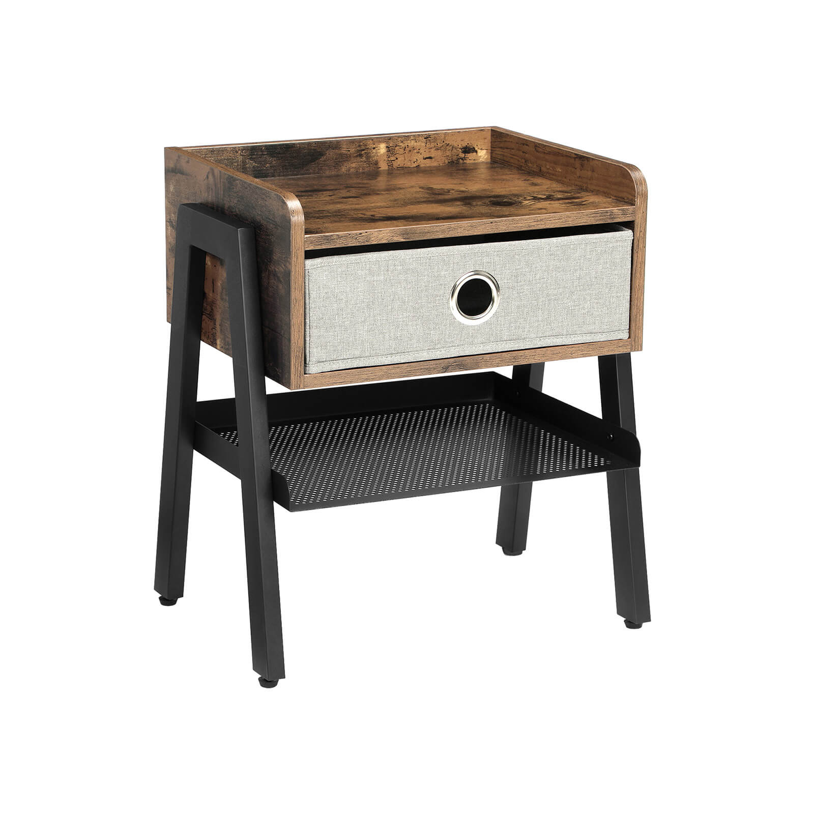 Side Table – Metal and Fabric – Rustic Brown – Industrial Design with Removable Drawer and Mesh Shelf