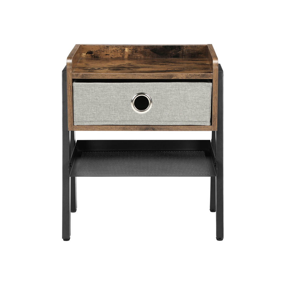 Side Table – Metal and Fabric – Rustic Brown – Industrial Design with Removable Drawer and Mesh Shelf