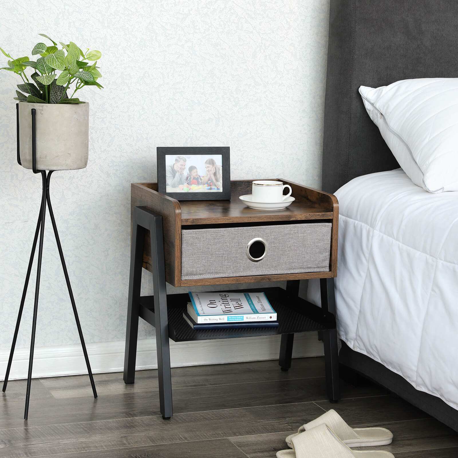 Side Table – Metal and Fabric – Rustic Brown – Industrial Design with Removable Drawer and Mesh Shelf