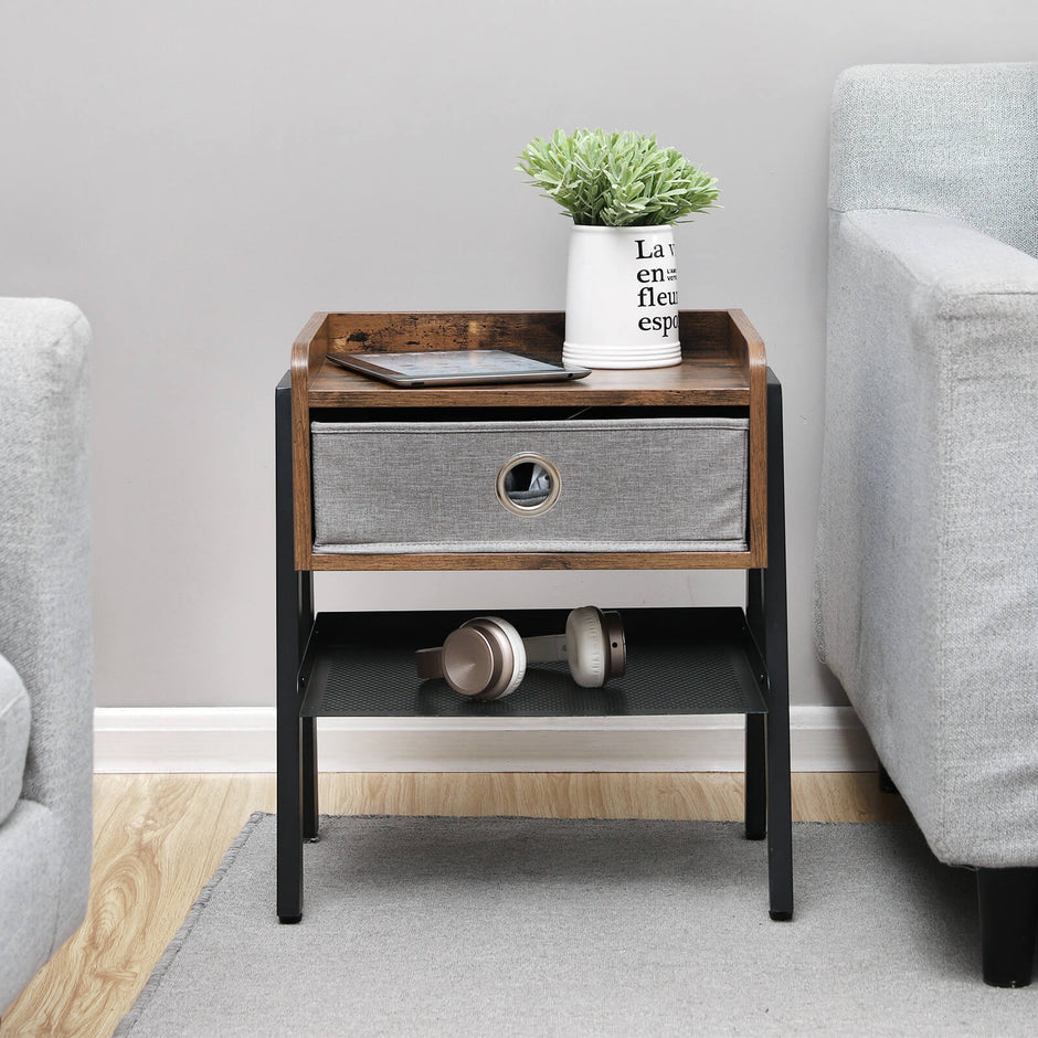 Side Table – Metal and Fabric – Rustic Brown – Industrial Design with Removable Drawer and Mesh Shelf