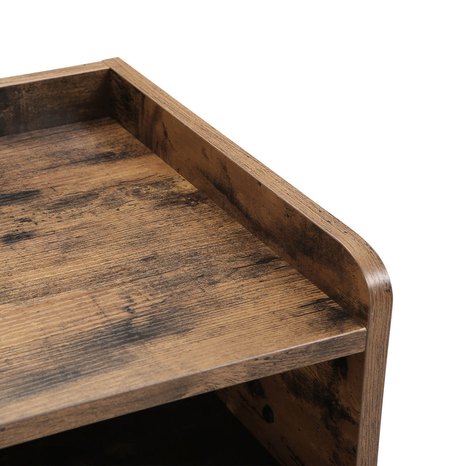 Side Table – Metal and Fabric – Rustic Brown – Industrial Design with Removable Drawer and Mesh Shelf