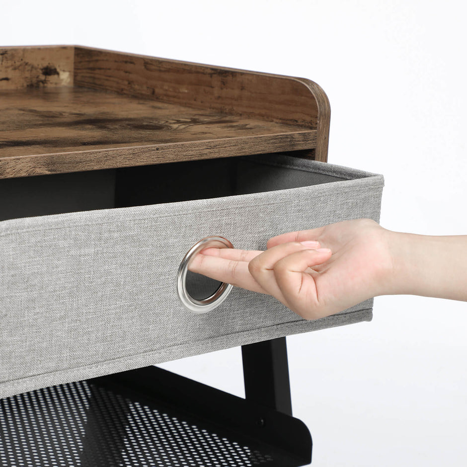 Side Table – Metal and Fabric – Rustic Brown – Industrial Design with Removable Drawer and Mesh Shelf