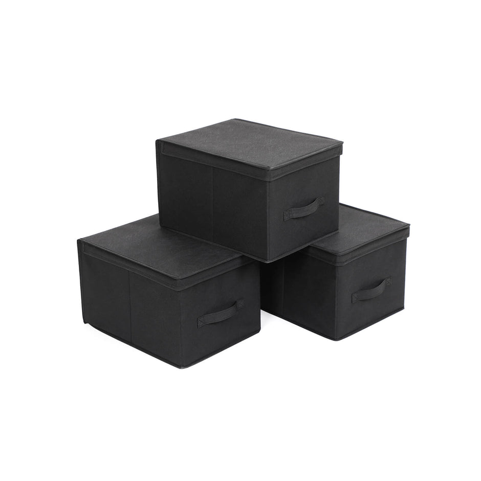 Fabric Storage Boxes – Fabric – Beige – Set of 3 with Lids and Label Holders, Foldable Design
