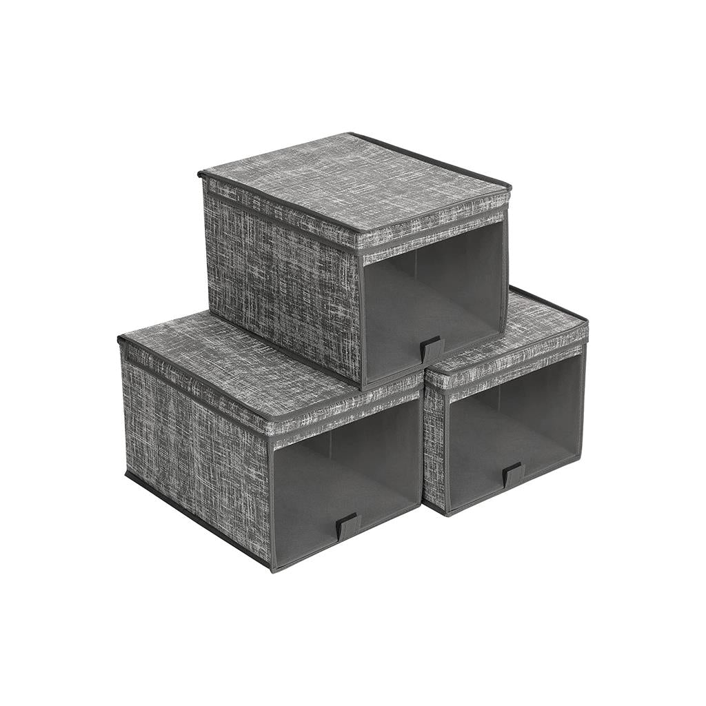 Fabric Storage Boxes Set – Fabric – Grey – Set of 3 with Clear Front Window and Lid