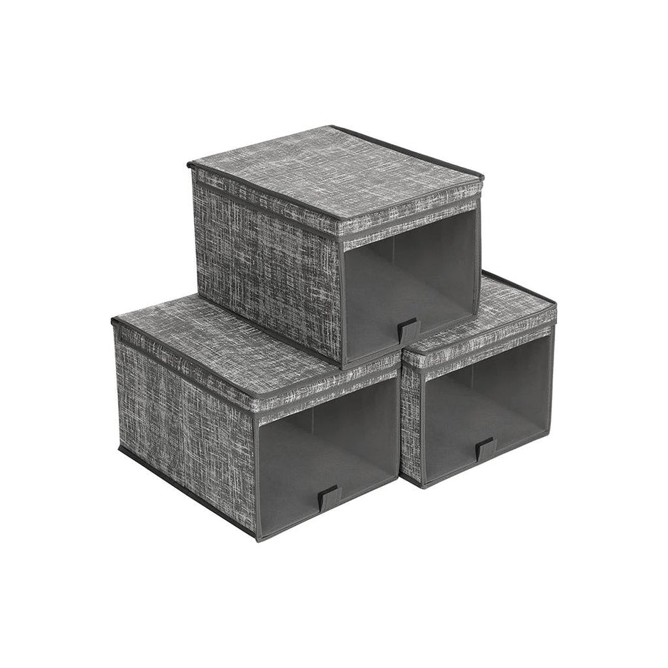 Fabric Storage Boxes Set – Fabric – Grey – Set of 3 with Clear Front Window and Lid
