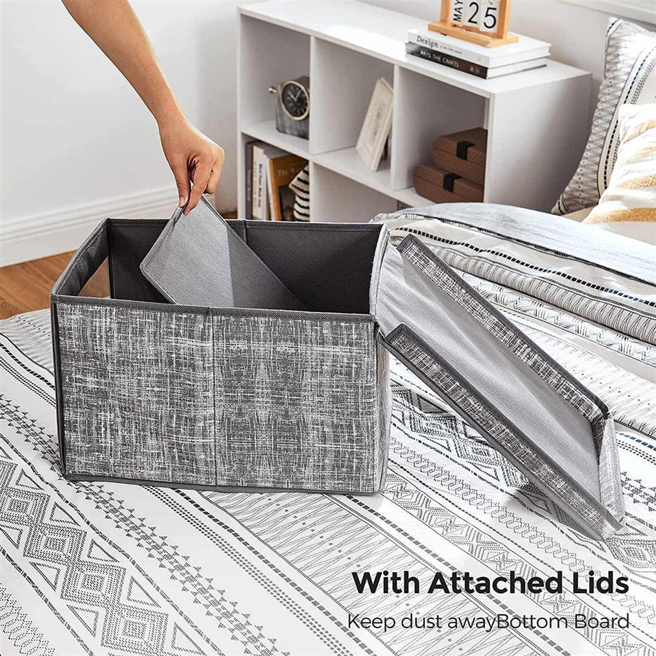 Fabric Storage Boxes Set – Fabric – Grey – Set of 3 with Clear Front Window and Lid