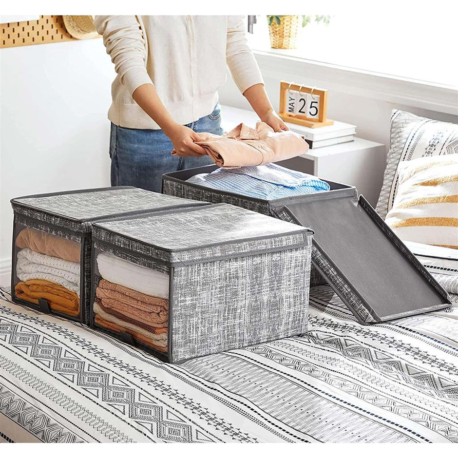 Fabric Storage Boxes Set – Fabric – Grey – Set of 3 with Clear Front Window and Lid
