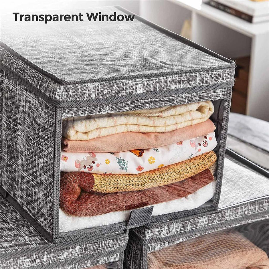 Fabric Storage Boxes Set – Fabric – Grey – Set of 3 with Clear Front Window and Lid