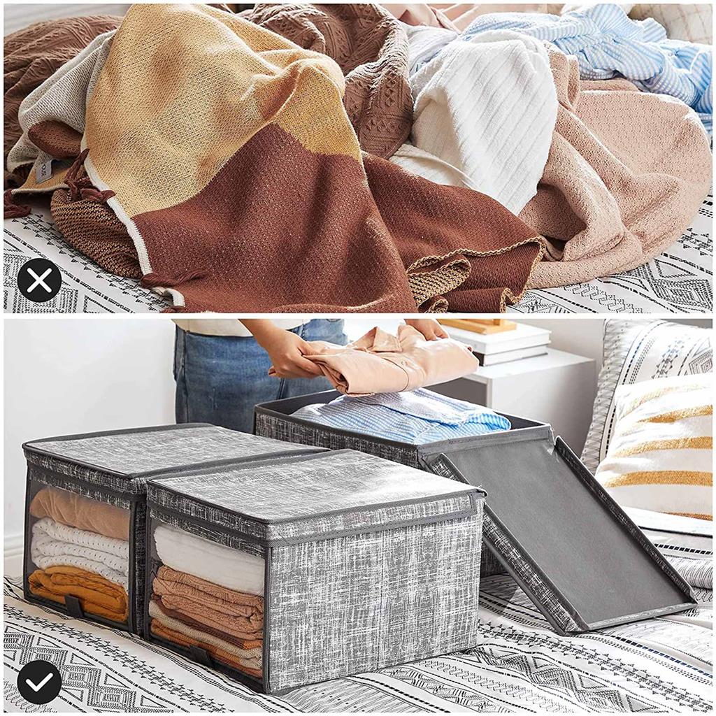 Fabric Storage Boxes Set – Fabric – Grey – Set of 3 with Clear Front Window and Lid