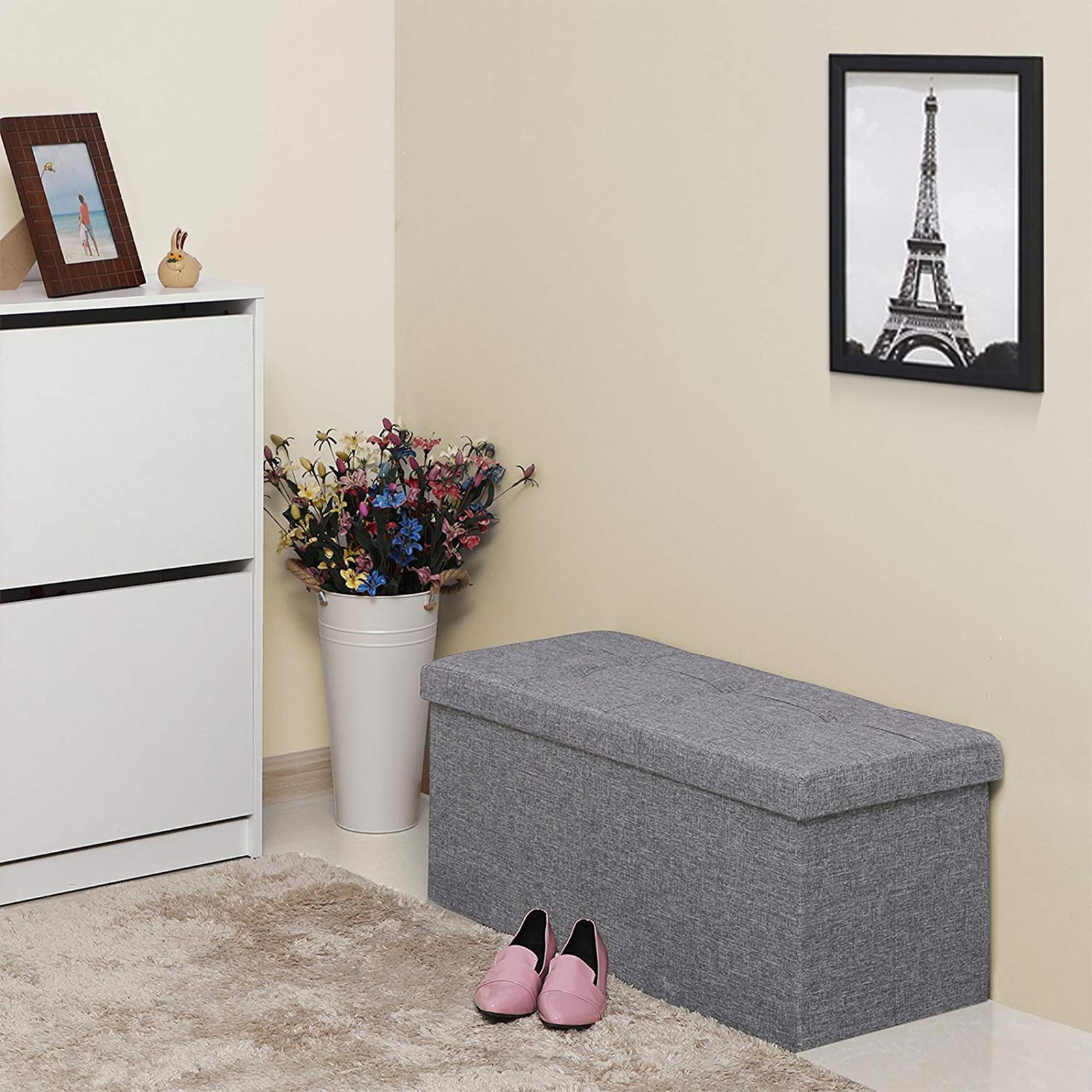Fabric Storage Ottoman – Linen Fabric – Light Grey – Versatile Folding Toy Box