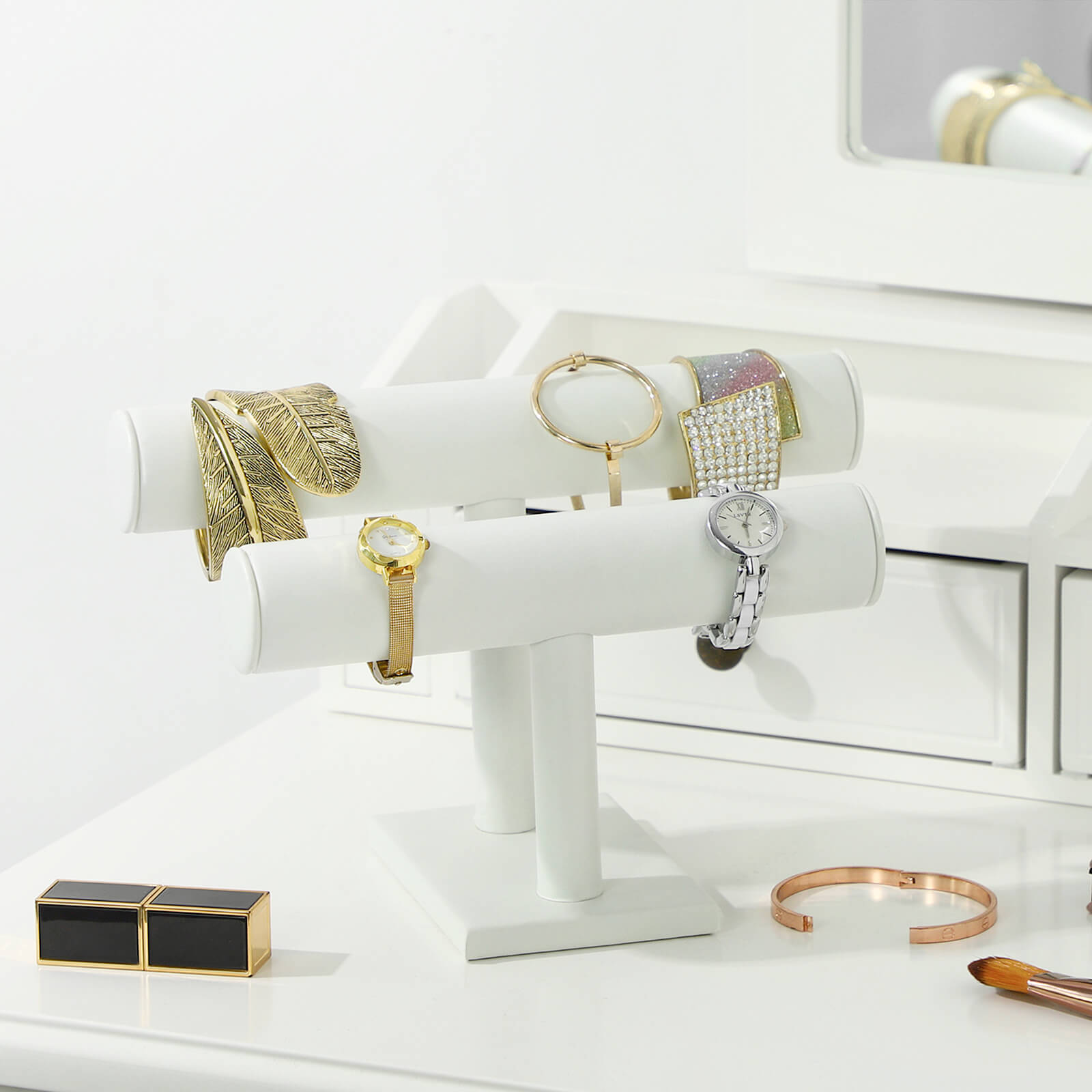 Jewellery Stand – Faux Leather – White – Multi-Functional Holder for Earrings, Necklaces, and Bracelets