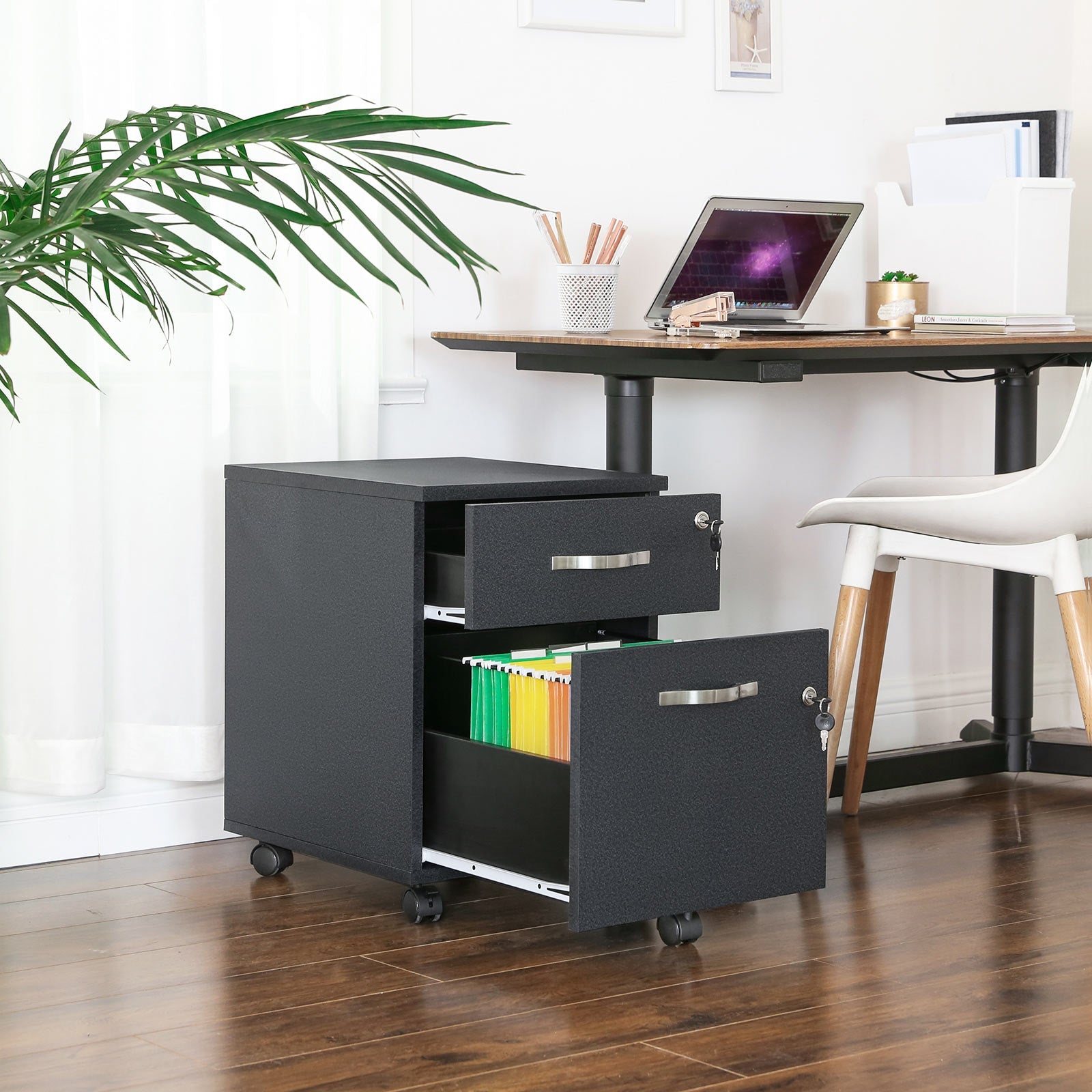 Lockable File Cabinet – Wood – White – 2 Drawers with Wheels and Adjustable Hanging Rails
